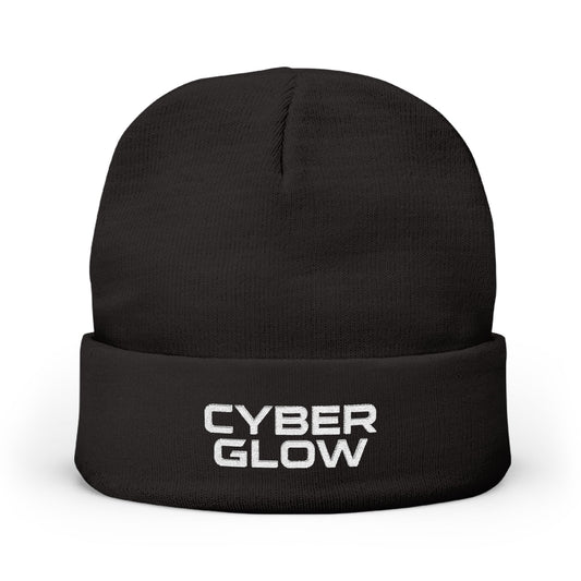 Cyber Glow Embroidered Beanie — Tech Logo Knit Hat